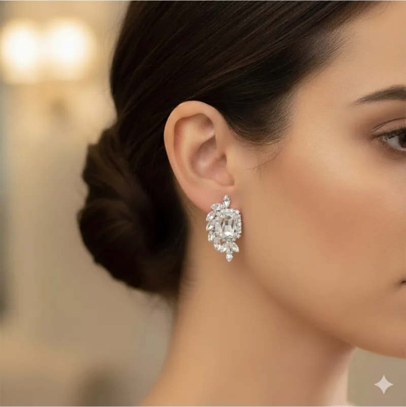 Büyük Kristal Taşlı Yaprak Detaylı Kadın Abiye Küpe – Işıltılı Lüks Model — fotoğraf 3/3