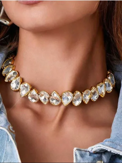 Gold Yapay Kristal Choker, Kadınlar İçin Zarif Avrupa Tarzı Su Damlası Kolye Klavikula Zinciri