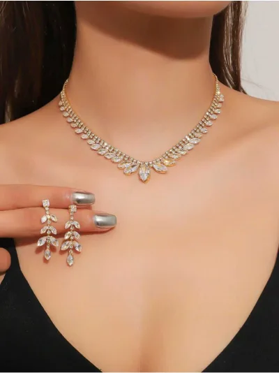 Gold Zirkon Taşlı Yaprak Model Kolye Küpe Seti Zarif Düğün Takı Seti Kına Takı Seti Nişan Takı Seti