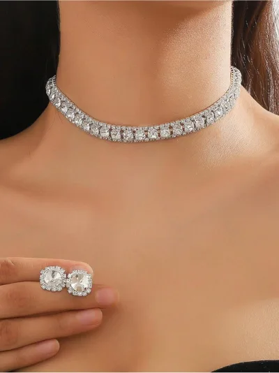 Kraliçe Zarafeti Işıltılı Tam Taşlı Choker Kolye – Göz Kamaştıran Özel Gün Şıklığı