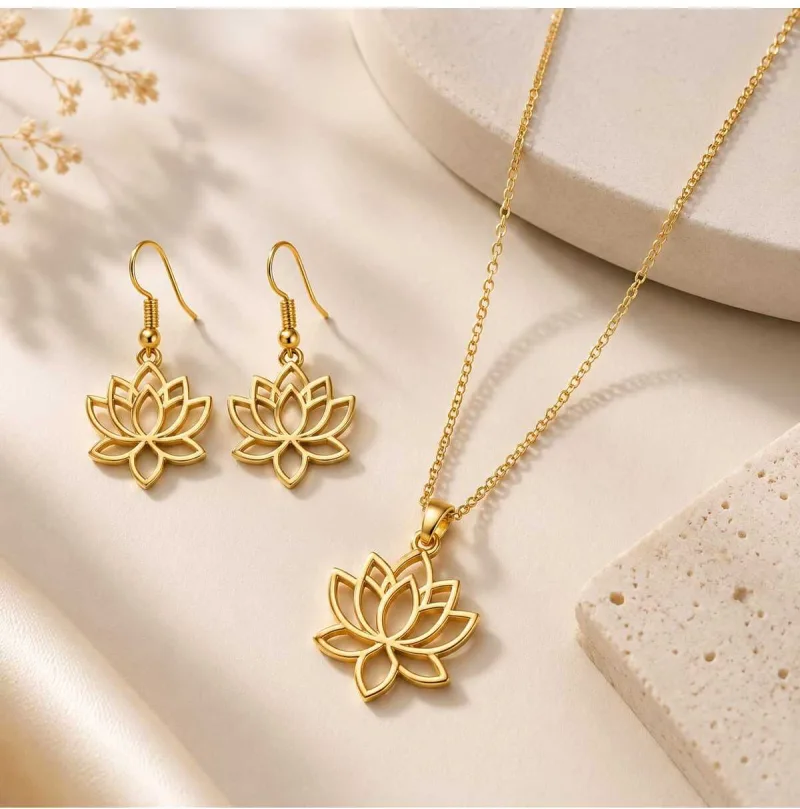 Lotus Çiçeği Çelik Kolye Küpe Seti Gold Renk Kararma Yapmaz — fotoğraf 3/3