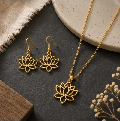 Lotus Çiçeği Çelik Kolye Küpe Seti Gold Renk Kararma Yapmaz